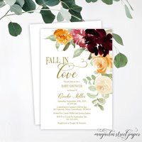 Fall In Love Floral Baby Shower Invitation, Burgundy, Pink, Orange Watercolor
