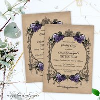 Elegant Vintage Goth Birthday Party Invitation, Halloween Purple Floral Invite
