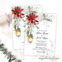 Winter Wedding Invitation, Poinsettia and Snowy Lantern