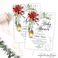 Winter Baby Shower Invitation, Poinsettia and White Rose Gender Neutral