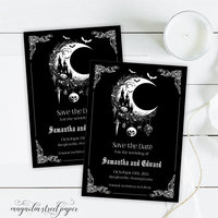 Gothic Halloween Save the Date, Crescent Moon and Haunted House