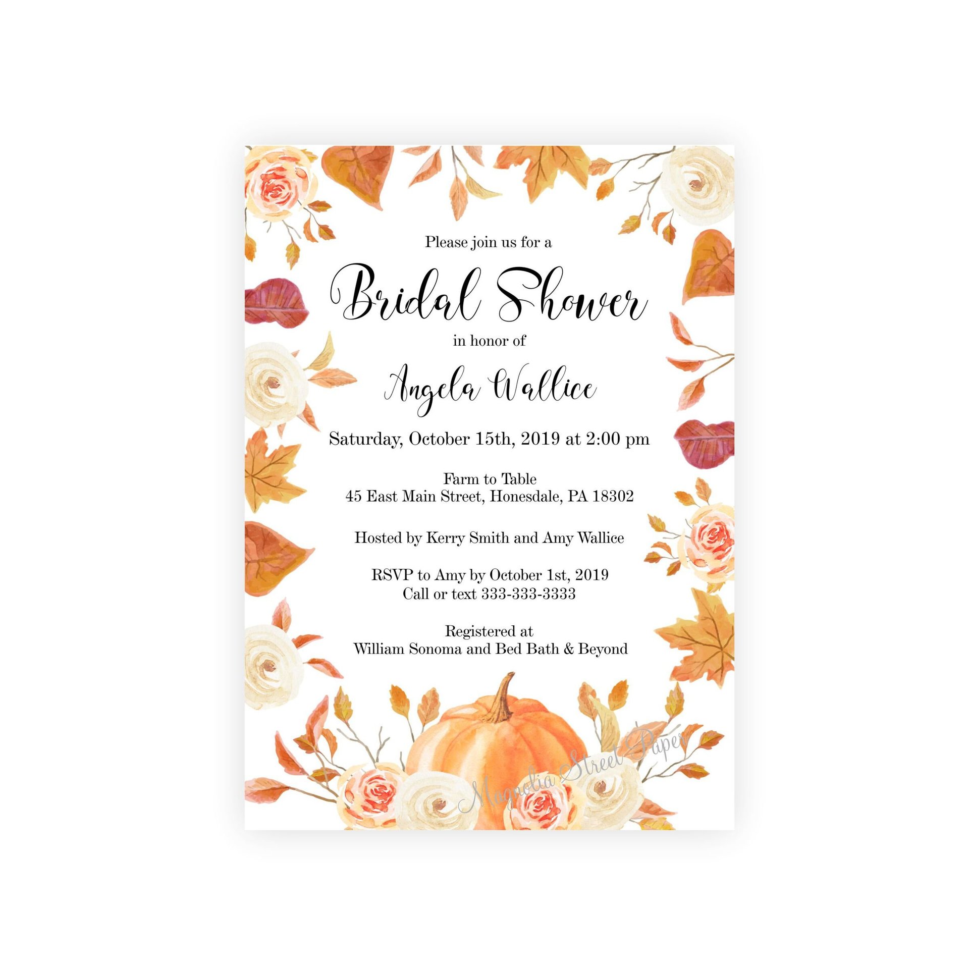 Fall Leaves and Pumpkin Bridal Shower Invitation, Blush Floral 
