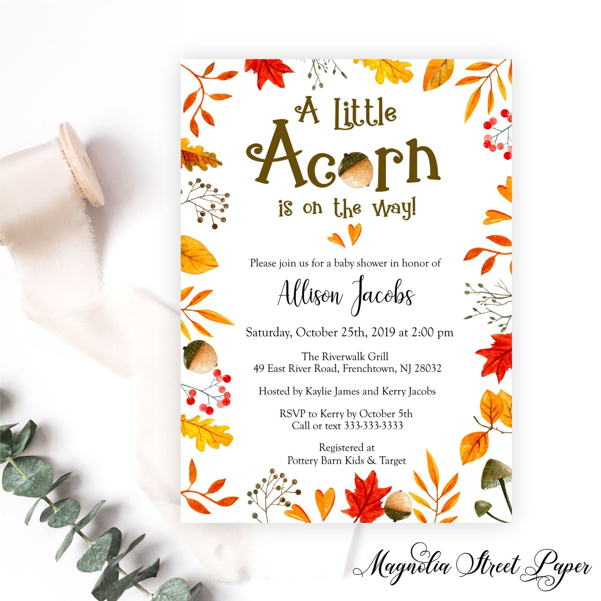 Fall Leaves Baby Shower Invitation, A Little Acorn Is On The Way