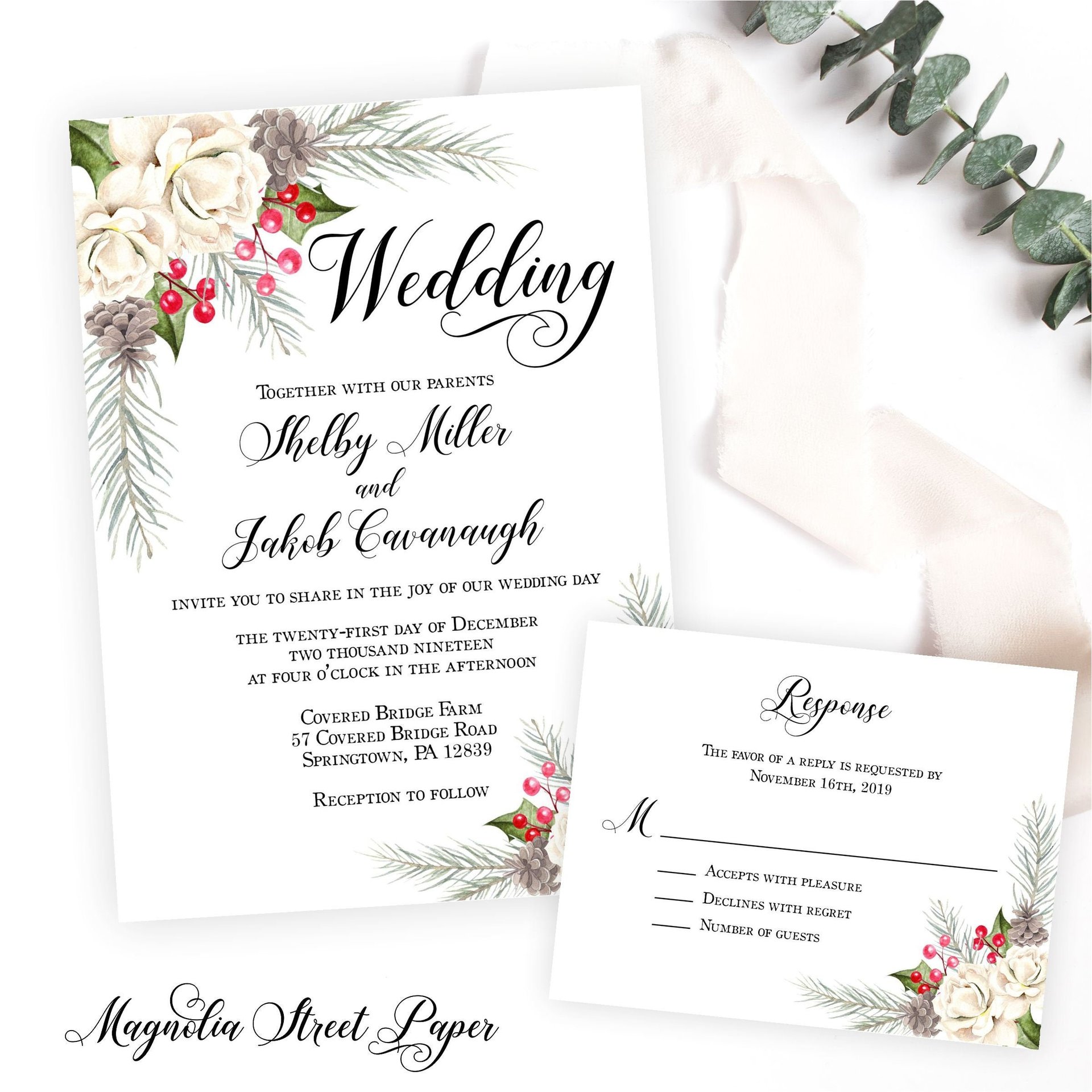 Pine and Holly Winter Wedding Invitation, White Floral Christmas Wedding Suite