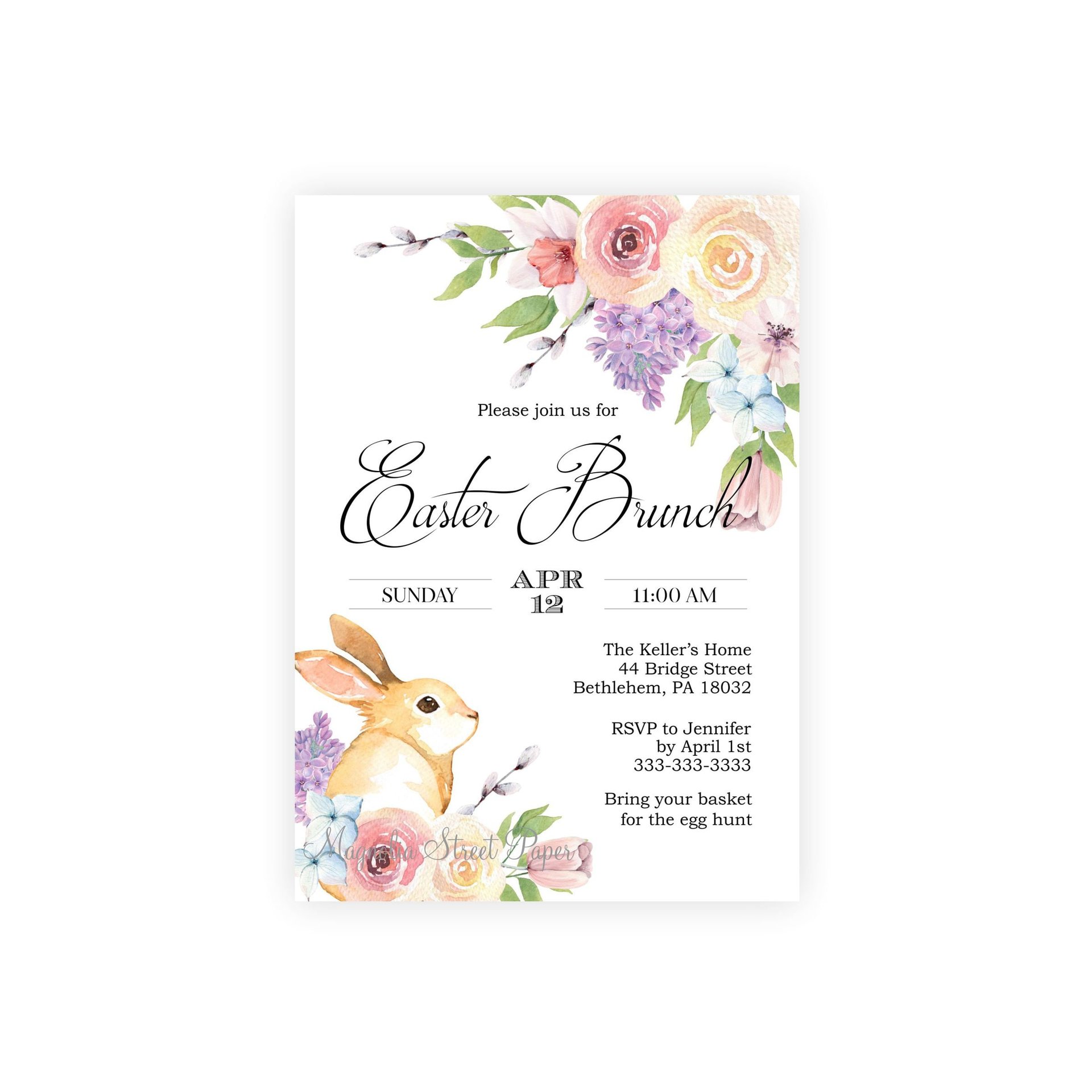Floral Easter Brunch Invitation, Spring Flowers and Bunny