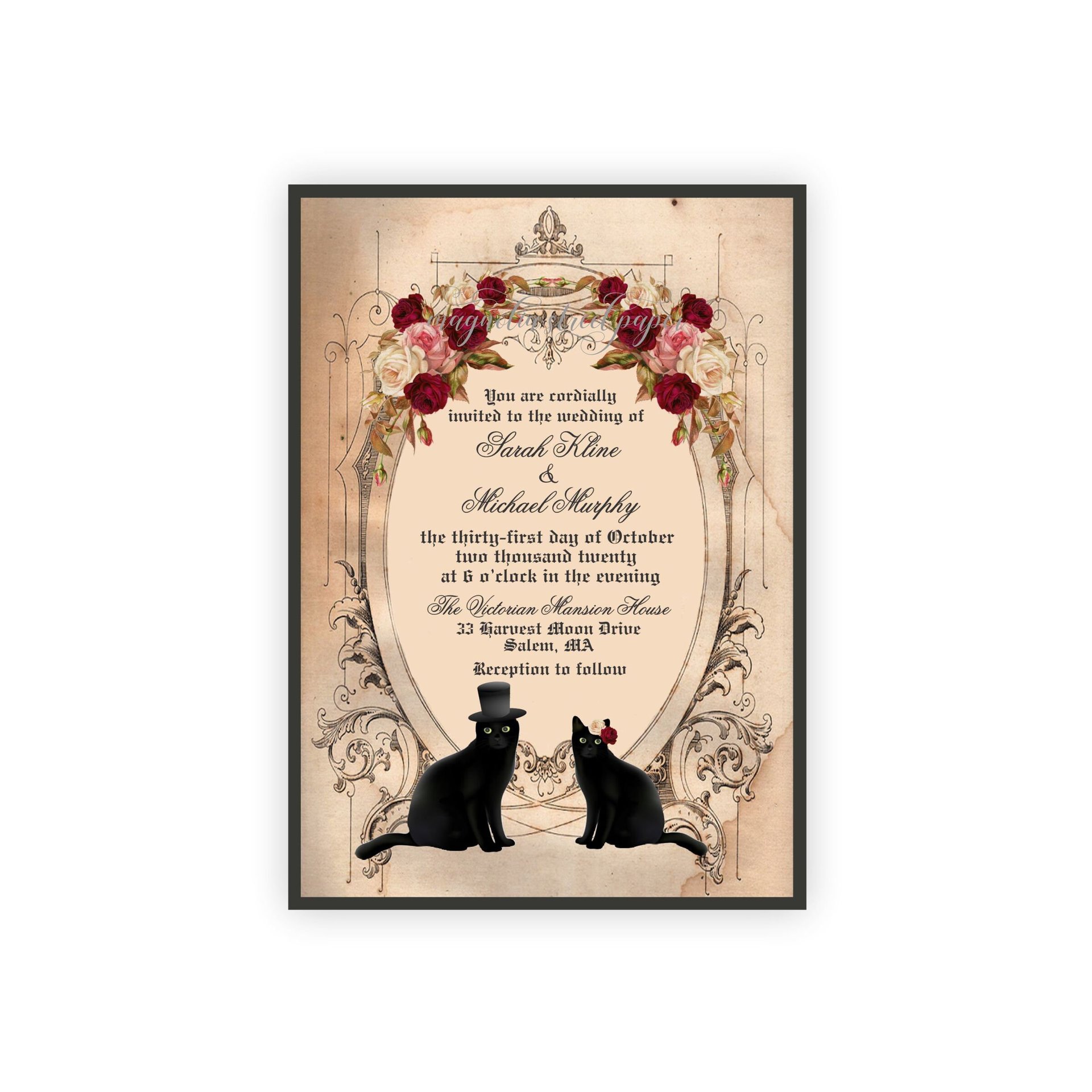 Black Cat Wedding Invitation, Vintage Halloween Cat Couple Wedding Suite