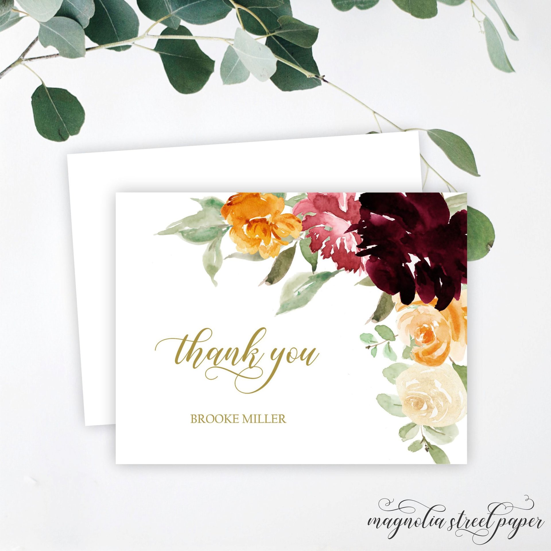 Fall Floral Thank You Cards, Watercolor Burgundy, Pink, Orange Note Cards