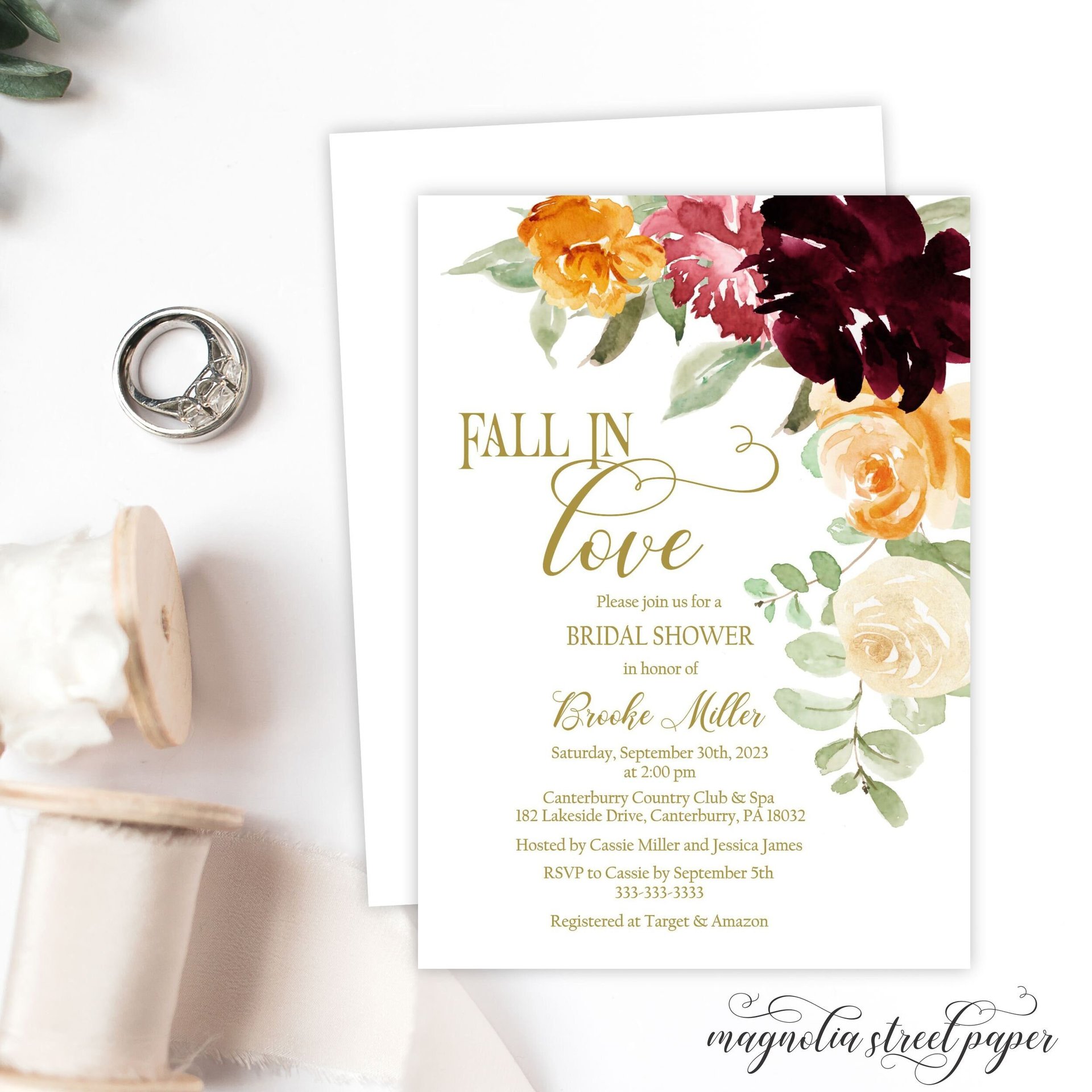 Fall in Love Floral Bridal Shower Invitation, Watercolor Burgundy, Pink, Orange
