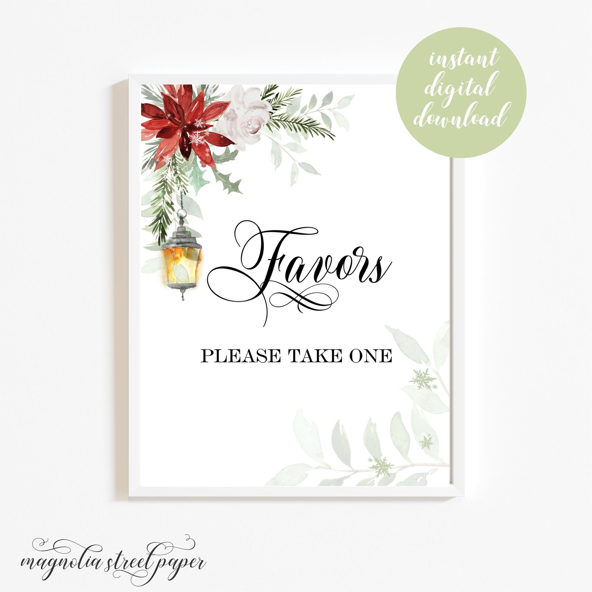Printable Winter Favors Sign for Wedding, Bridal or Baby Shower, Poinsettia and Lantern