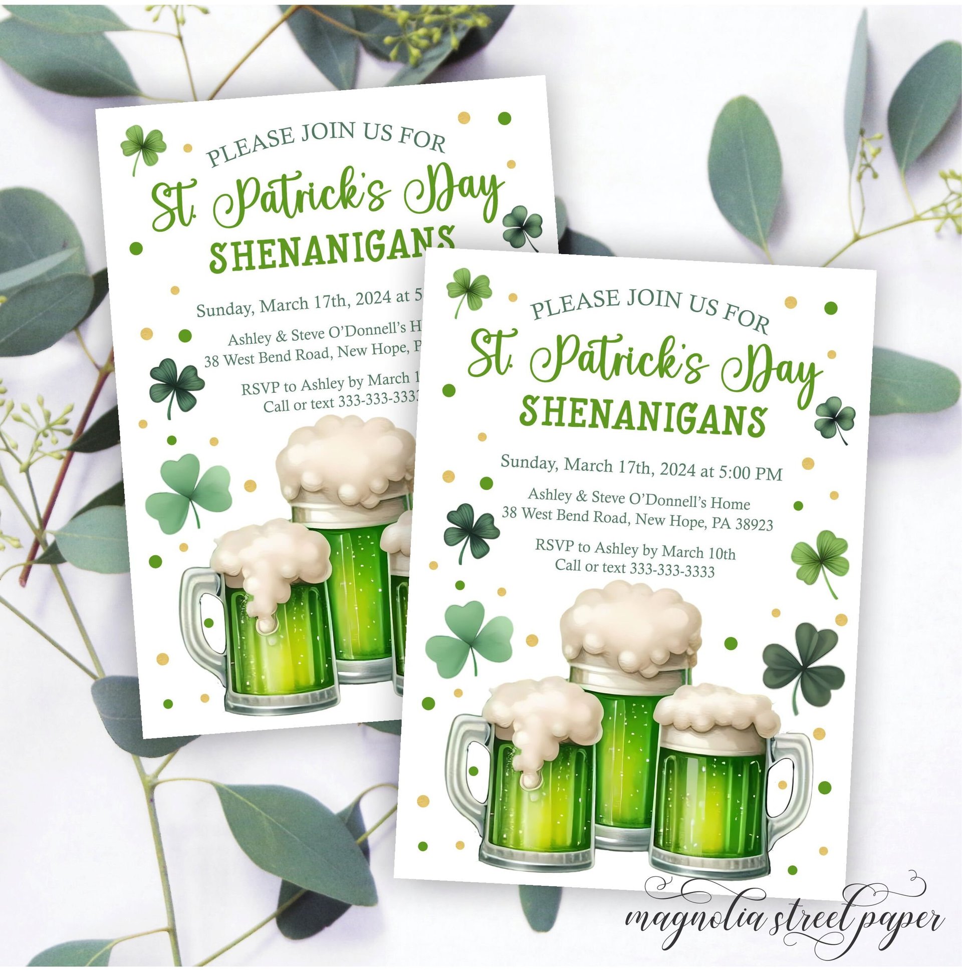 St. Patrick's Day Party Invitation, Green Beer and Shenanigans