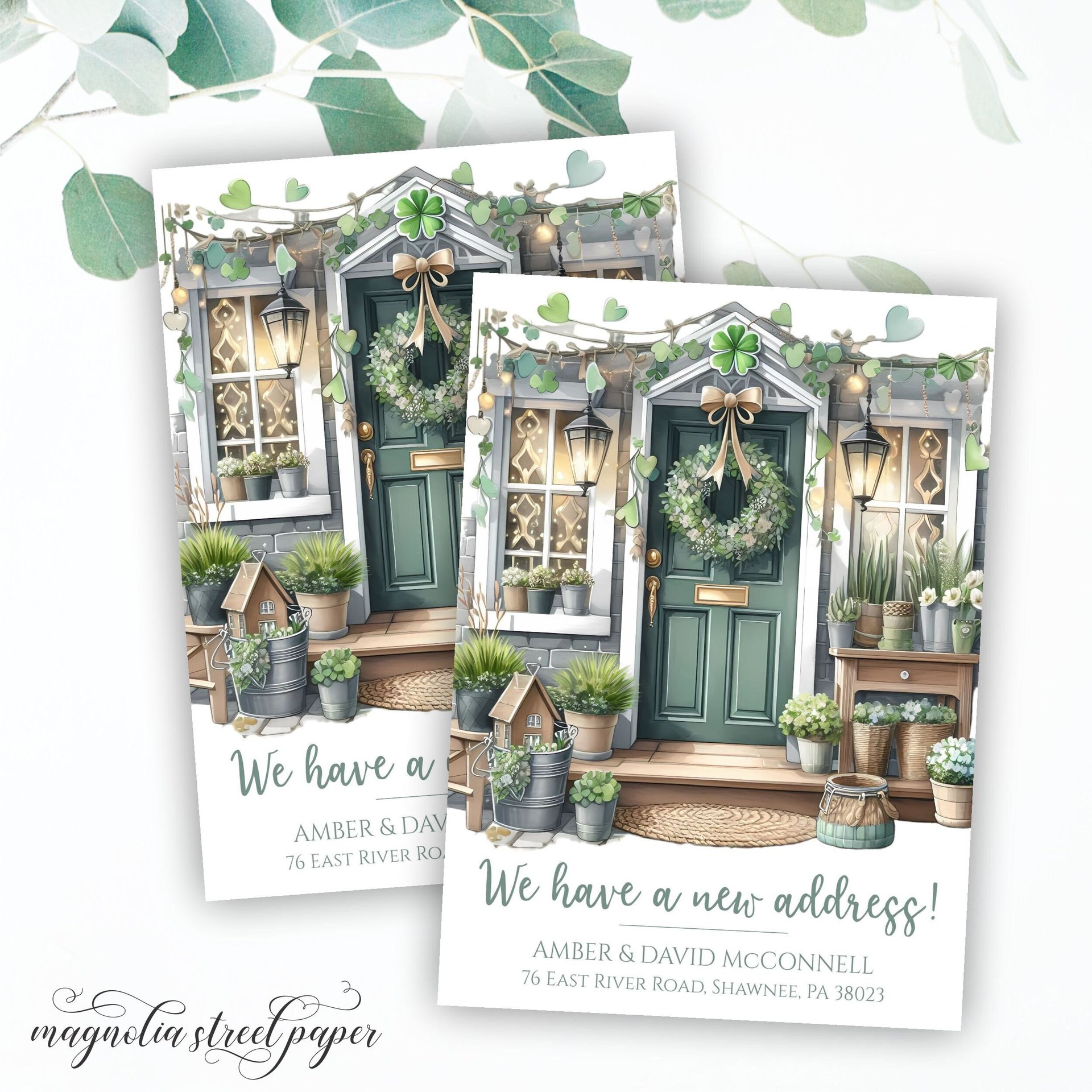 St. Patrick's Day New Address Change Card, Hearts and Shamrocks Cute Front Door