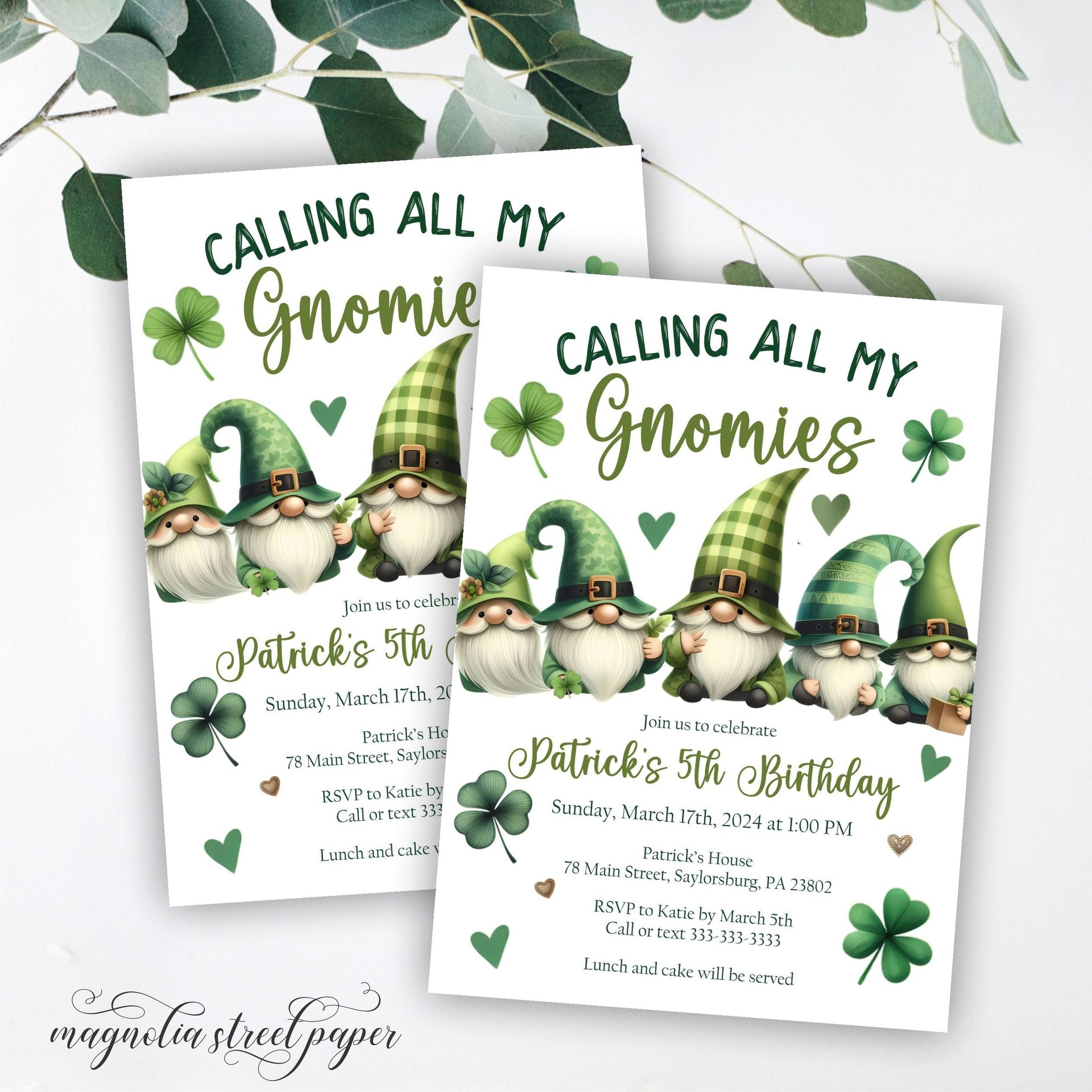 St. Patrick's Day Gnome Birthday Invitation, Calling All My Gnomies