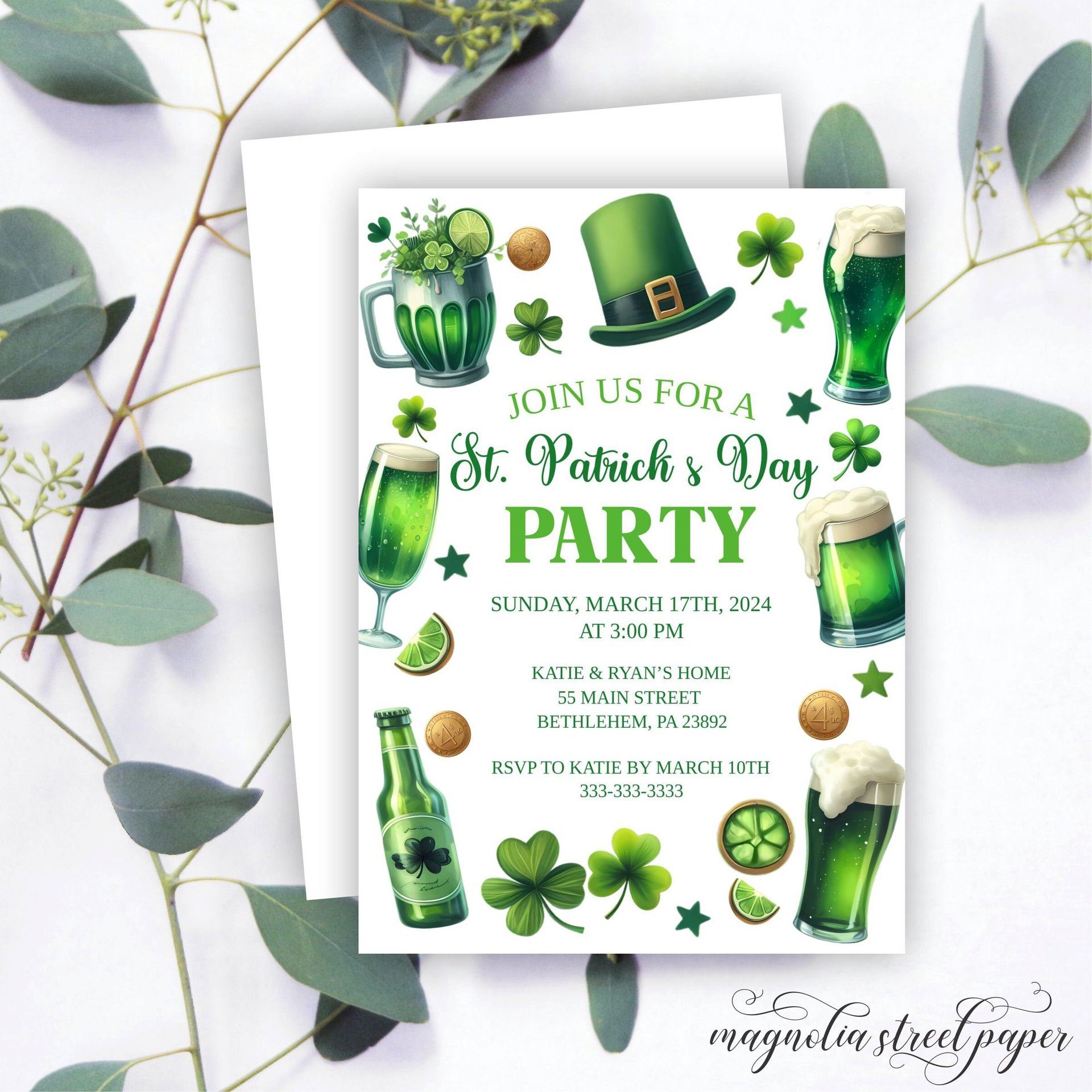 St. Patrick's Day Party Invitation, Green Beer and Shamrocks