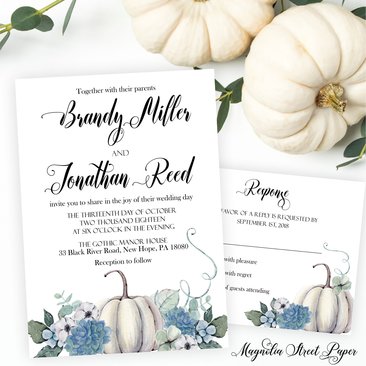 White Pumpkin and Dusty Blue Floral Wedding Invitation and RSVP Card
