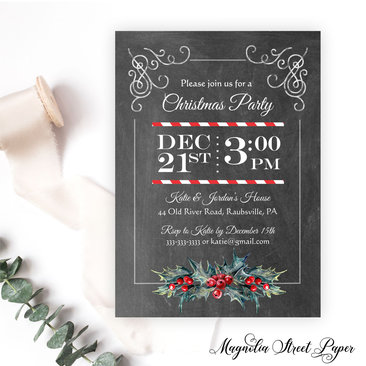 Vintage Chalkboard and Holly Christmas Party Invitation