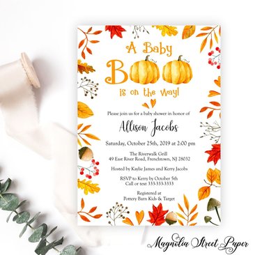 Fall Pumpkin Baby Shower Invitation, A Baby Boo is On the Way Baby Invite, Printable or Printed