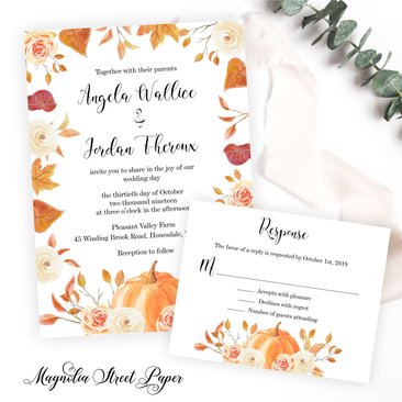 Fall Pumpkin and Leaves Wedding Invitation, Autumn Blush Floral Wedding Suite