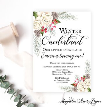 Winter Onderland Birthday Invitation, Our Little Snowflake Birthday Party Invite, Pine and Holly Baby's First, Printable or Printed