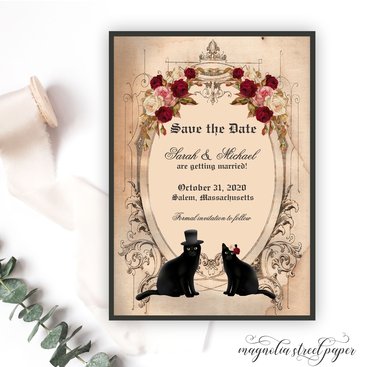 Halloween Cat Save the Date, Vintage Black Cat Wedding Announcement