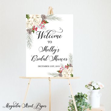 Winter Bridal Shower Welcome Sign, Pine, Red Berries and White Fiowers