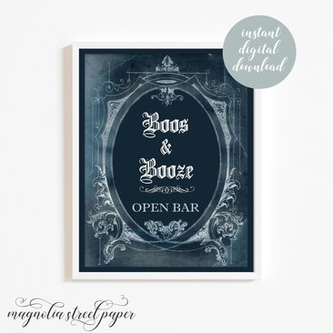 Open Bar Wedding Sign, Printable Boos and Booze Halloween Table Sign 8 x 10
