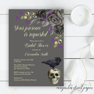Halloween Gothic Bridal Shower Invitation, Spooky Skull and Raven