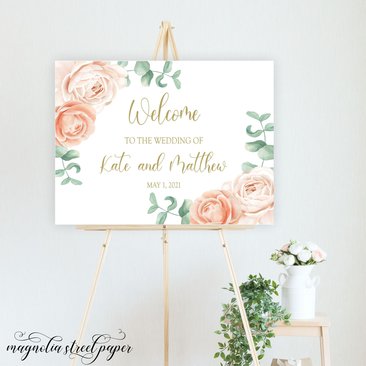 Peach Wedding Welcome Sign, Watercolor Blush Floral Signage
