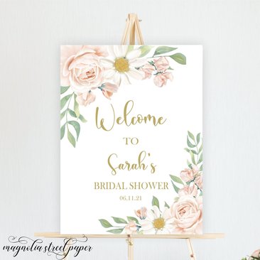 Blush and Gold Bridal Shower Welcome Sign, Watercolor Spring