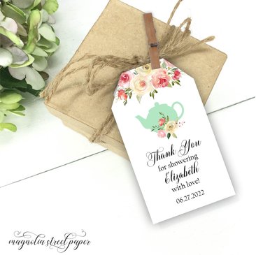 Bridal Tea Favor Tags, Blush Floral and Mint Teapot Thank You Tags