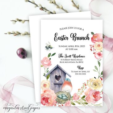 Bluebird Easter Brunch Invitation, Pink Flowers and Birdhouse Easter Invite