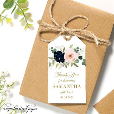 Navy and Blush Floral Bridal Shower Favor Tags, Dreamy Watercolor