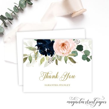 Navy and Blush Floral Thank You Cards, Dreamy Watercolor Note Cards