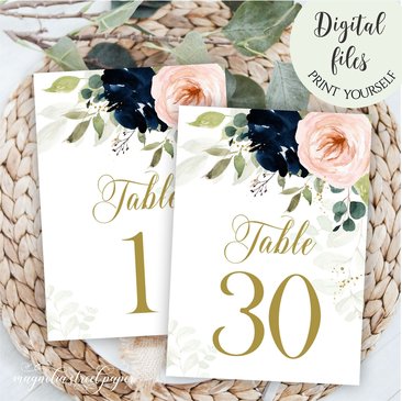 Navy and Blush Floral Table Numbers, Tables 1 - 30