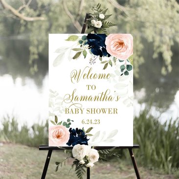 Navy and Blush Floral Baby Shower Welcome Sign