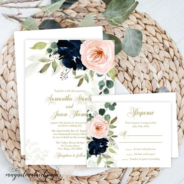 Navy and Blush Floral Wedding Invitation, Dreamy Watercolor