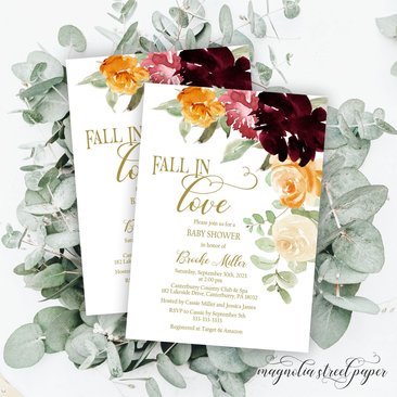 Fall In Love Floral Baby Shower Invitation, Burgundy, Pink, Orange Watercolor