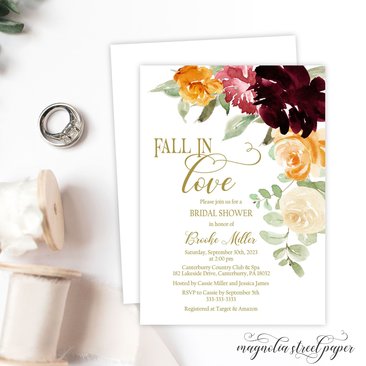 Fall in Love Floral Bridal Shower Invitation, Watercolor Burgundy, Pink, Orange