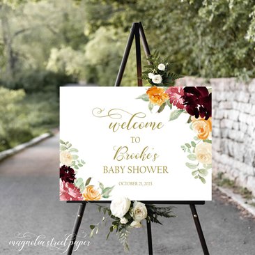 Fall Baby Shower Welcome Sign, Autumn Orange, Burgundy and Pink Floral