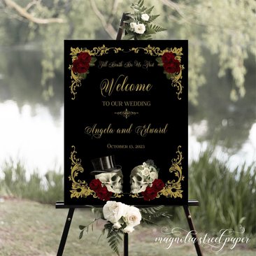 Halloween Gothic Wedding Welcome Sign, Vintage Skull Couple, Burgundy Flowers