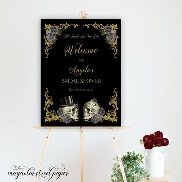 Halloween Gothic Bridal Shower Welcome Sign, Skulls and Vintage Dark Grey Flowers