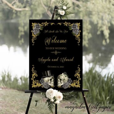 Halloween Gothic Wedding Welcome Sign, Vintage Skull Couple