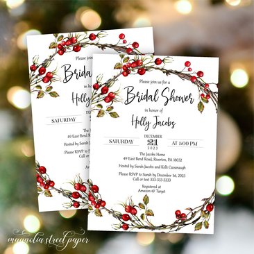 Red Holly Berries Winter Bridal Shower Invitation, Botanical Christmas Invite