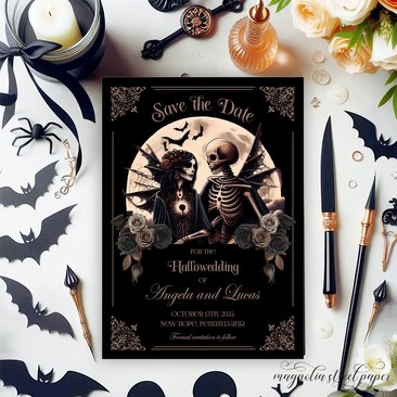 Halloween Goth Save the Date, Skeleton Couple Hallowedding Announcement