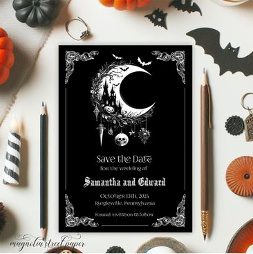 Gothic Halloween Save the Date, Crescent Moon and Haunted House