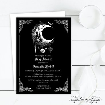 Crescent Moon Baby Shower Invitation, Goth Halloween